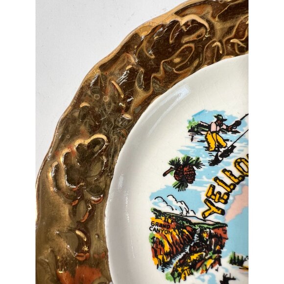 Vintage Yellowstone Park Souvenir Plate With Gold Tone Border - Picture 9 of 16